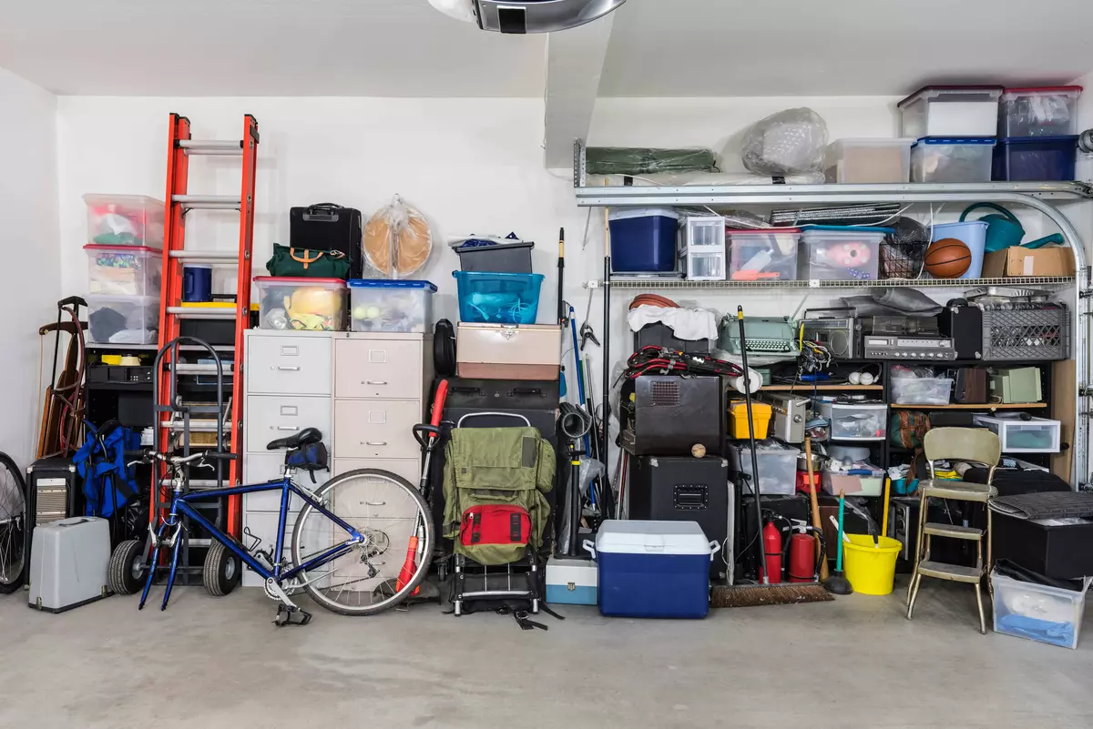 Shelves with vintage objects in a garage