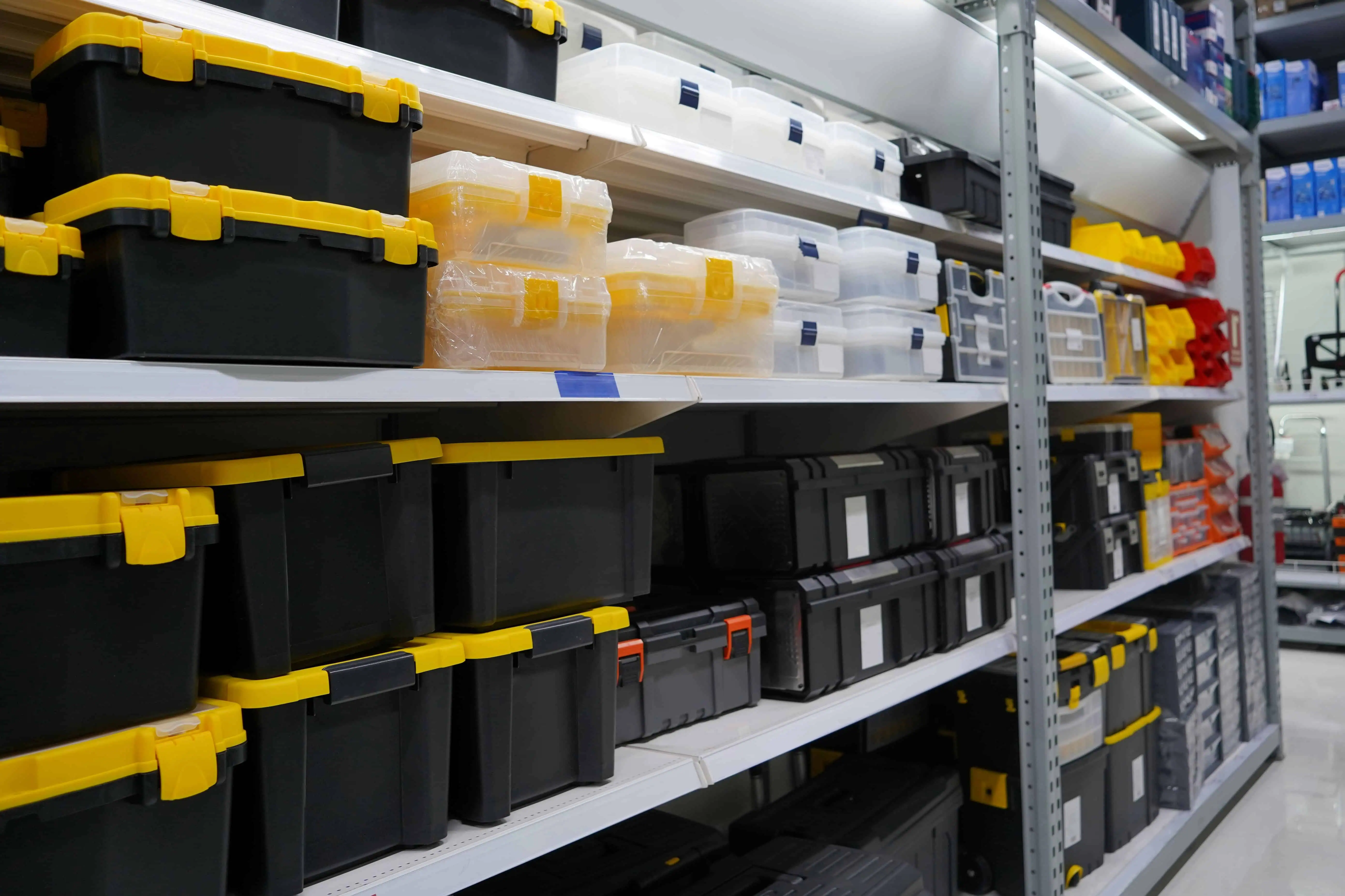 Tool storage boxes on a shelf