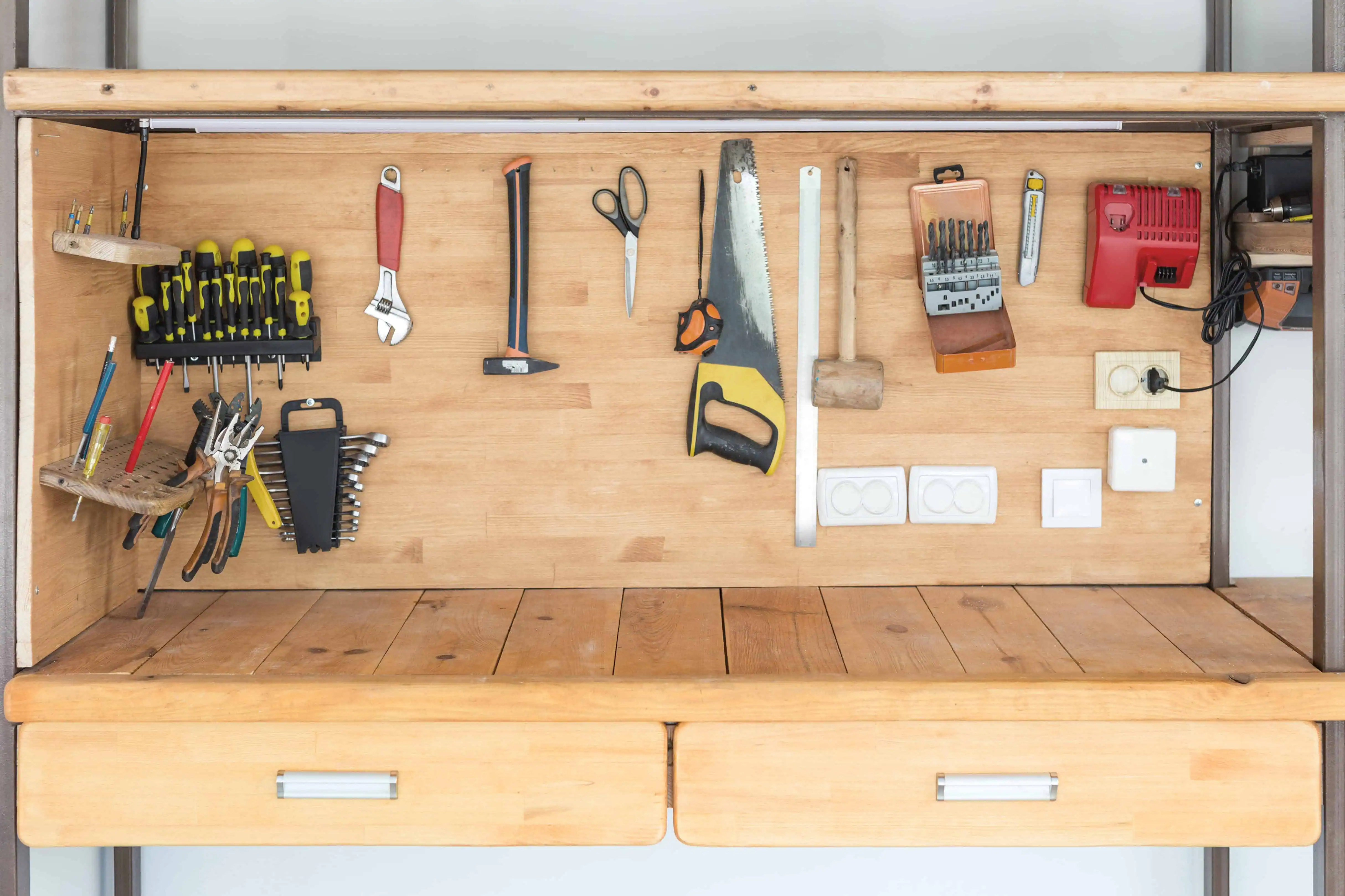 Workbench with tools in a workshop